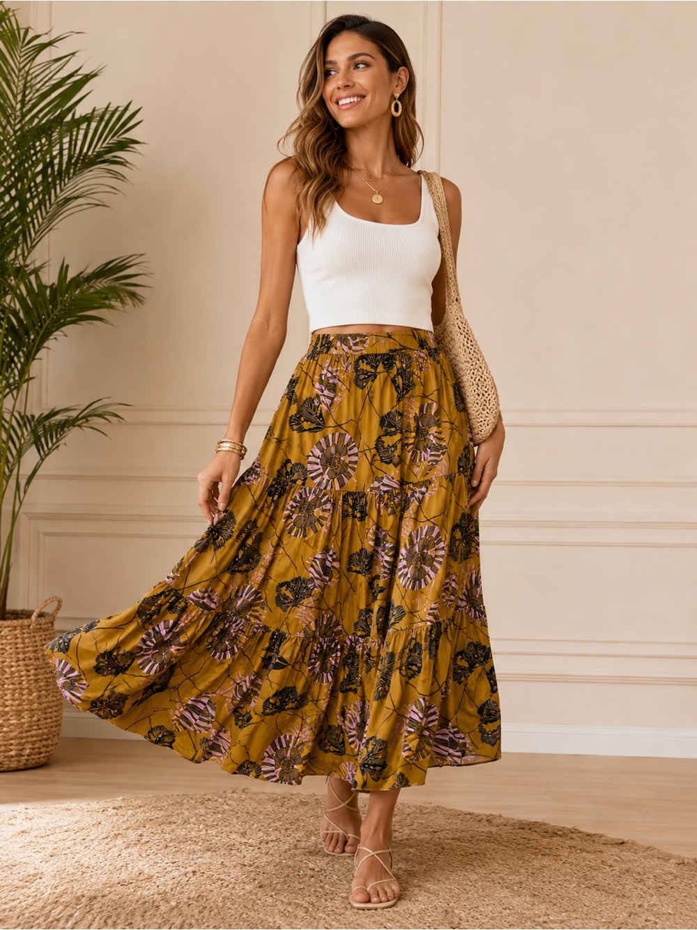 Anthropologie Olivaceous Small Mustard Floral Tiered Maxi Skirt Boho Flowy